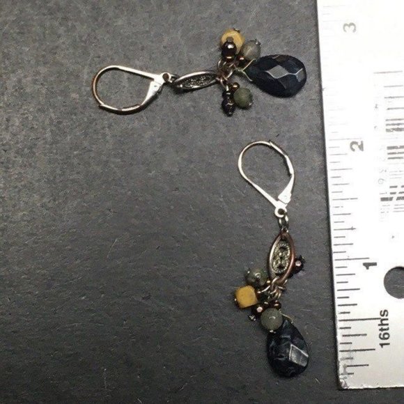 Dangle Pierced Earrings Black Green Grey Brown Silver Filagree Ellipse BoHo - Picture 4 of 4